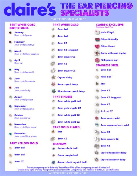 claire's ear piercing|claire's ear piercing chart.